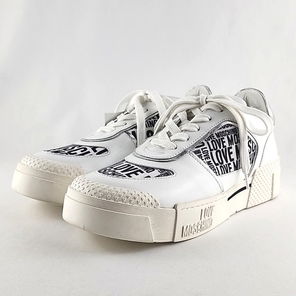 LOVE MOSCHINO Women's White Leather Low Top Trainers Sneakers Logo Fabric Sz 40 - Picture 4 of 16